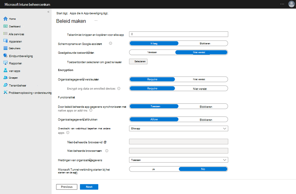 Schermafbeelding van het configureren van een beleidsinstelling voor app-beveiliging voor het gebruik van Tunnel bij het starten van de app.