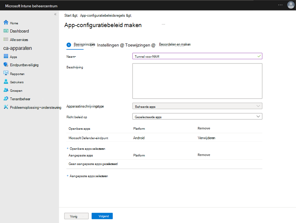 Schermafbeelding van het configureren van een app-configuratiebeleid met Microsoft Defender-eindpunt als een openbare app.