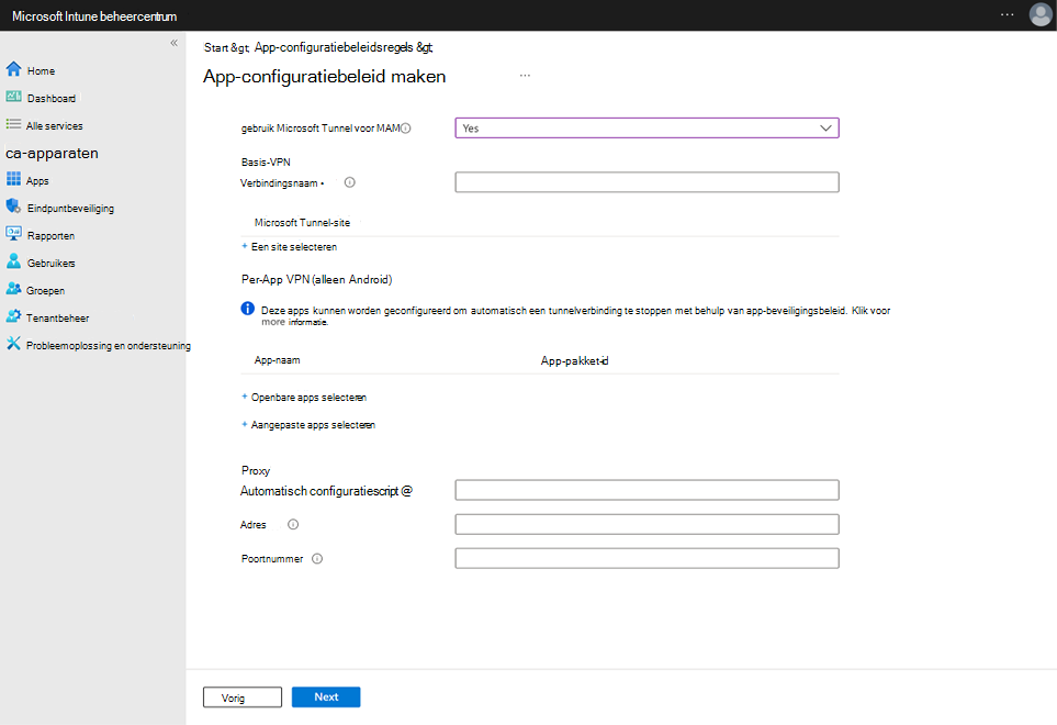 Schermafbeelding van de configuratie van de instellingen voor app-configuratiebeleid.