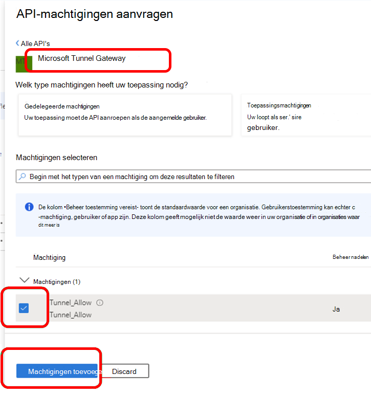 API-machtigingen configureren voor Microsoft Tunnel Gateway.