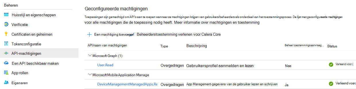 Controleer de APP-machtigingen in de app-registratie.