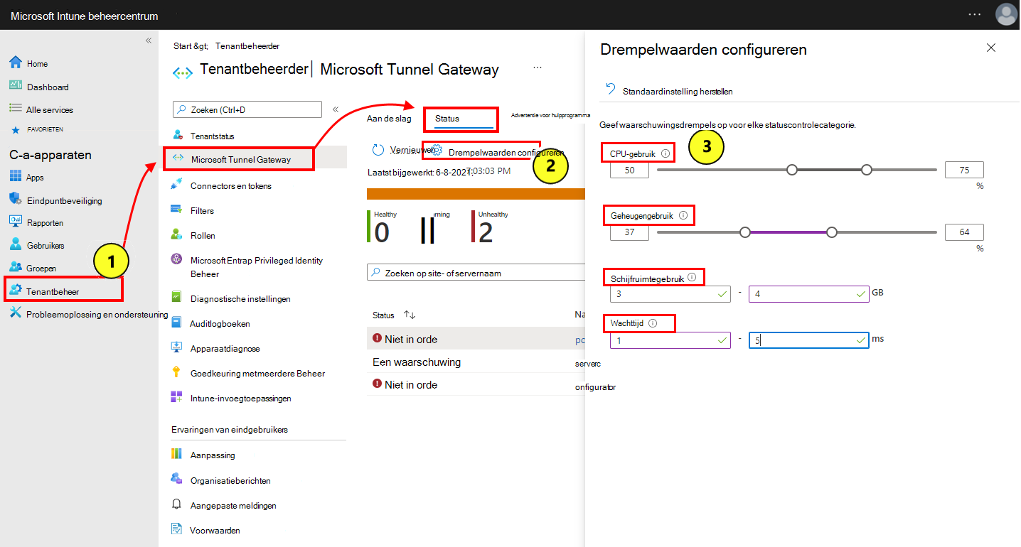 Schermopname van het selecteren en configureren van drempelwaarden voor statusstatus.