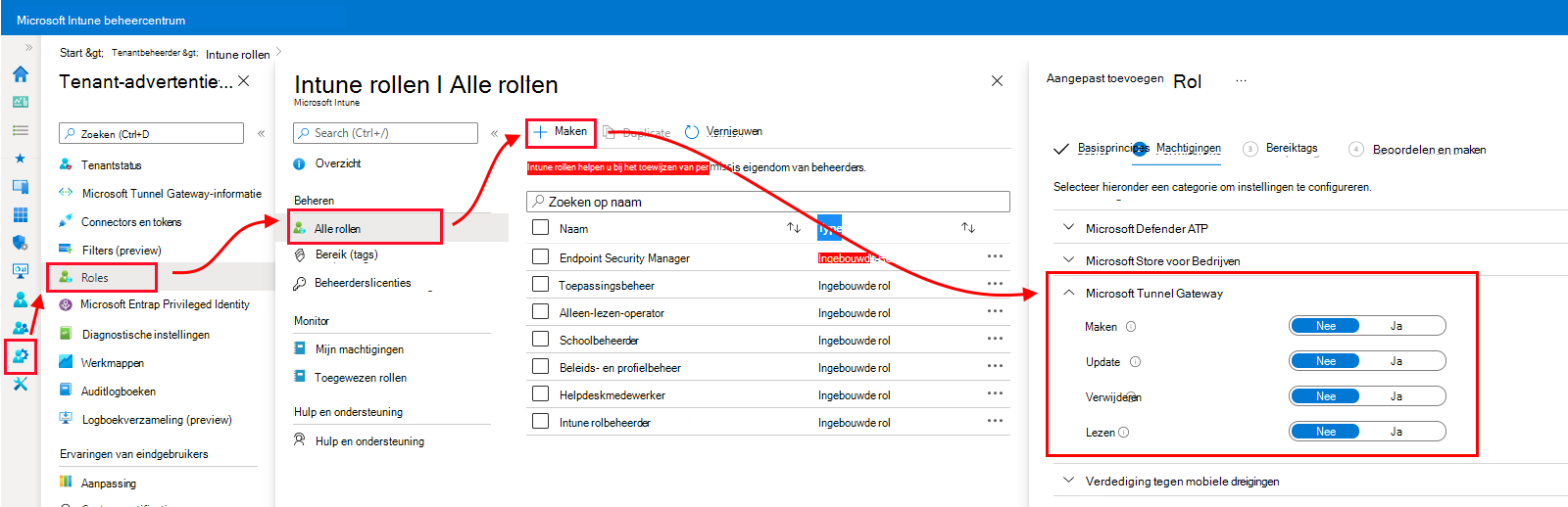 Schermafbeelding van de machtigingen voor de tunnelgateway in het Microsoft Intune-beheercentrum.