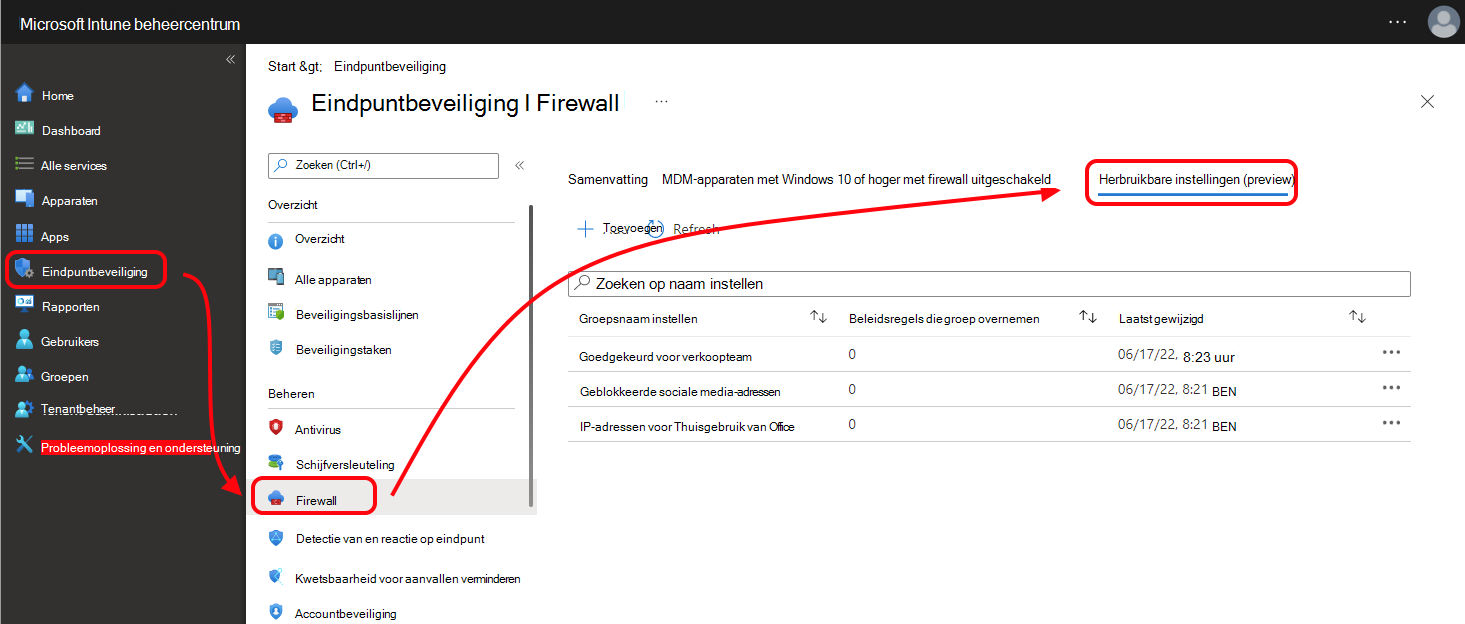 Schermopname van het tabblad Herbruikbare instellingen voor firewallbeleid in het Microsoft Intune-beheercentrum.