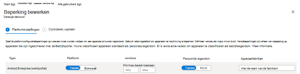 Schermopname van het beleid voor inschrijvingsbeperkingen voor Android-apparaten in het Microsoft Intune-beheercentrum.