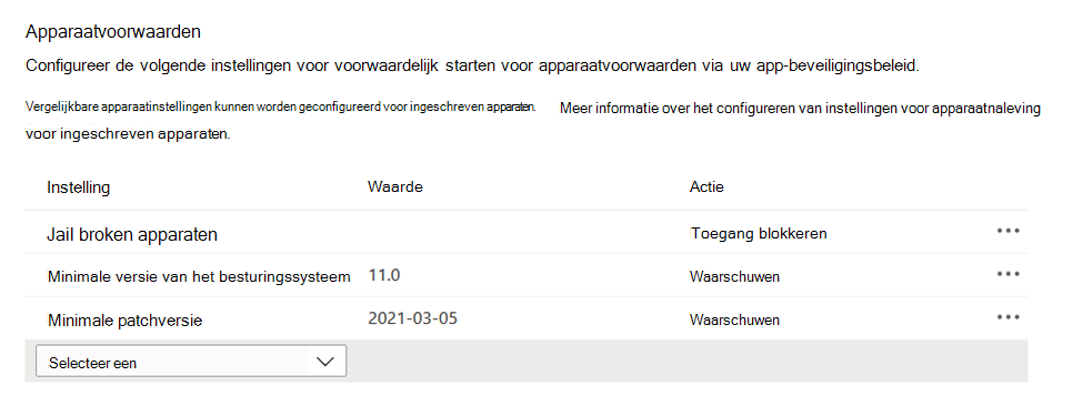 Schermopname van apparaatgebaseerde voorwaarden in een app-beveiligingsbeleid in het Microsoft Intune-beheercentrum.