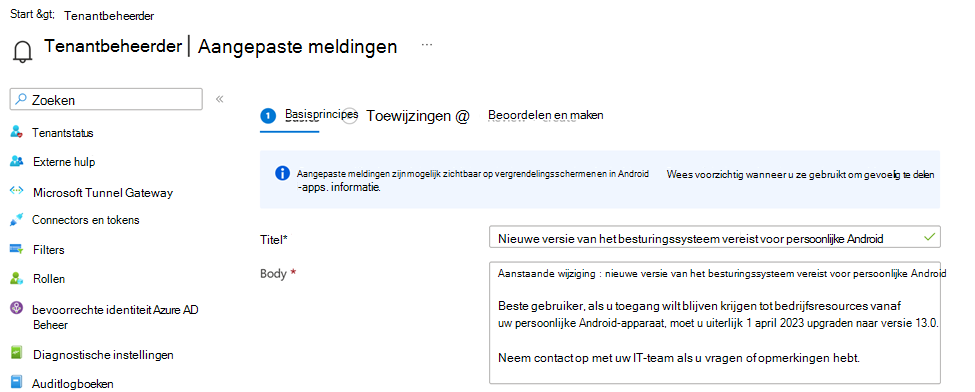 Schermopname van een aangepast meldingsbericht in het Microsoft Intune-beheercentrum.