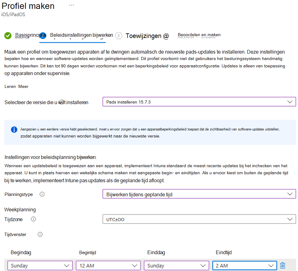 Schermopname van de specifieke versie voor het installeren en installeren van de updates op zondag voor iOS-/iPadOS-apparaten in het Microsoft Intune-beheercentrum.