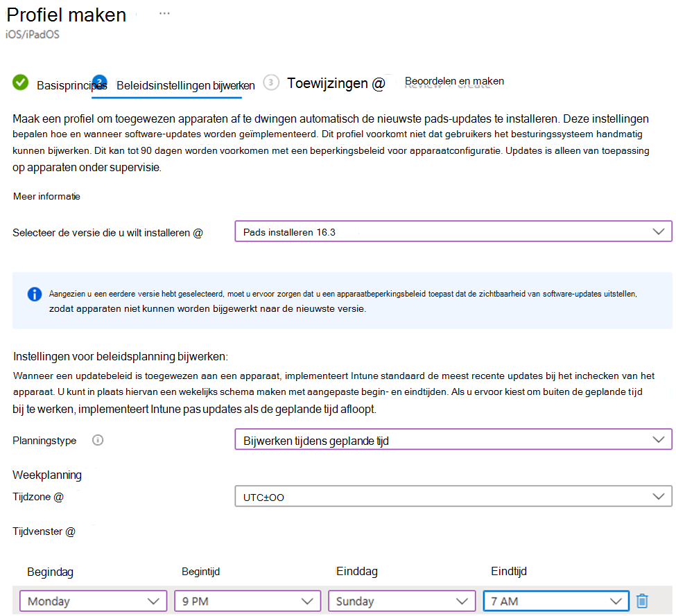 Schermopname van de specifieke versie voor het installeren en installeren van de updates op maandagavond voor iOS-/iPadOS-apparaten in het Microsoft Intune-beheercentrum.