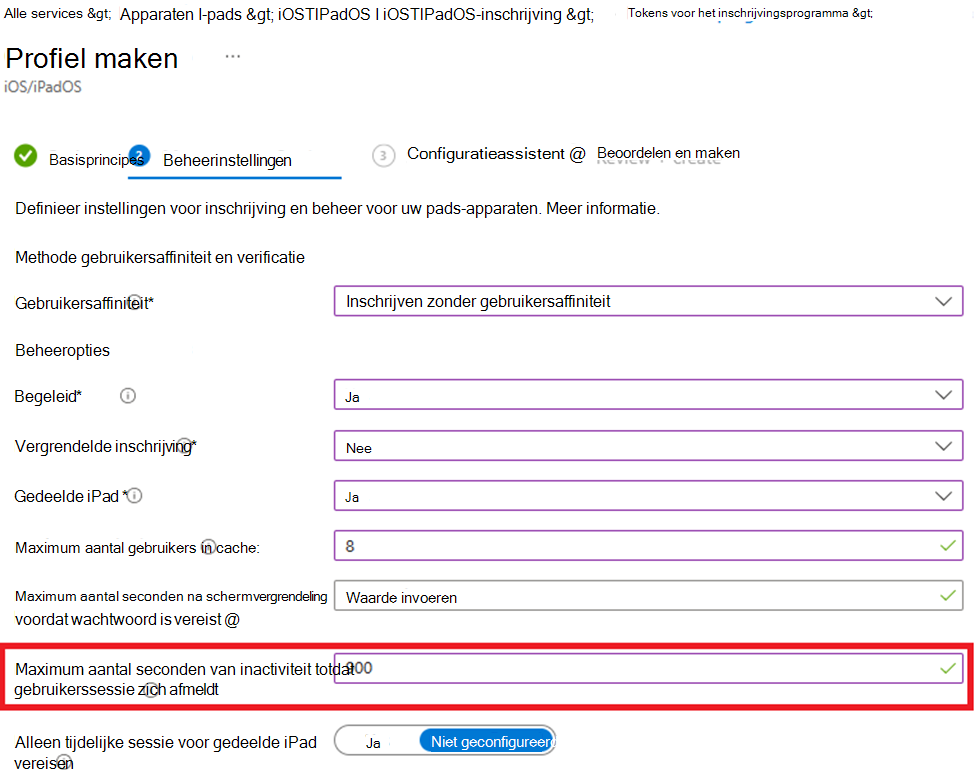 Schermopname van het inschrijven zonder gebruikersaffiniteit en het instellen van de waarde voor inactiviteit voor iOS-/iPadOS-apparaten in het Microsoft Intune-beheercentrum.