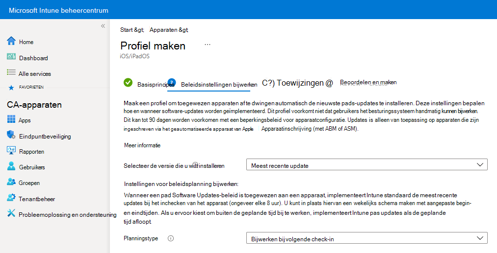 Schermopname van voorbeeldbeleidsinstellingen voor software-updates in Microsoft Intune.