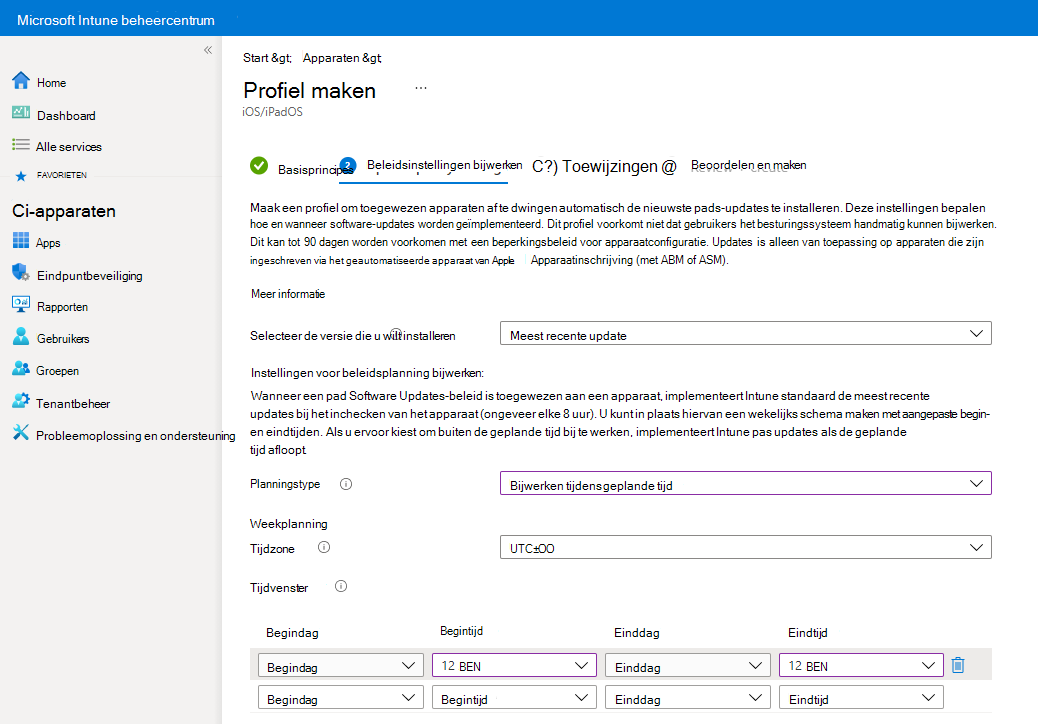 Schermopname van het selecteren om een update te installeren tijdens de geplande tijd in een updatebeleid in Microsoft Intune.