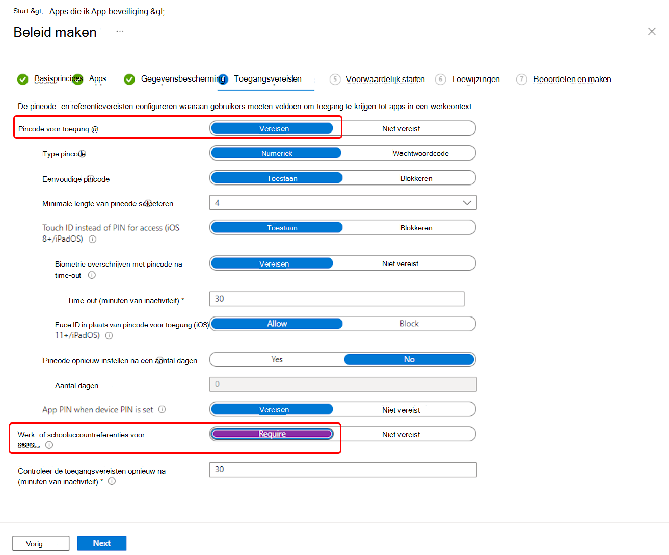 Selecteer de toegangsacties voor outlook-app-beveiligingsbeleid.