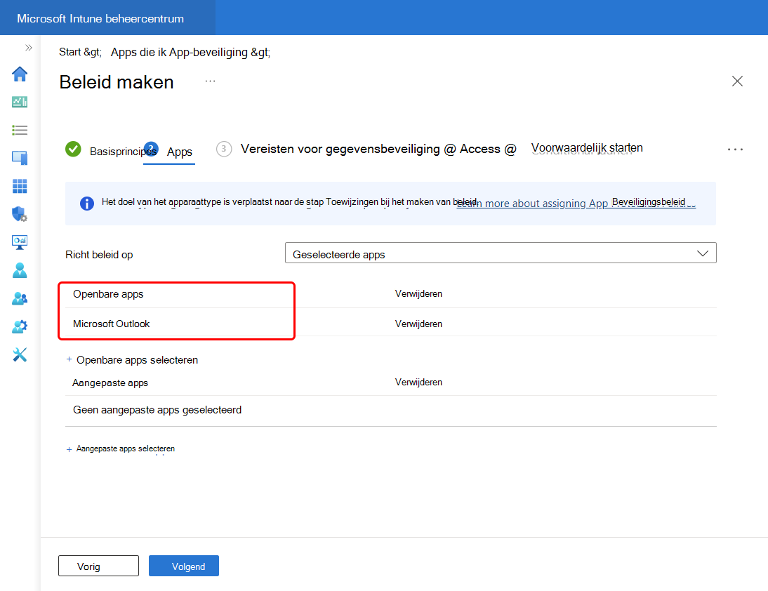 Selecteer Outlook om het toe te voegen aan de lijst met openbare apps voor dit beleid.
