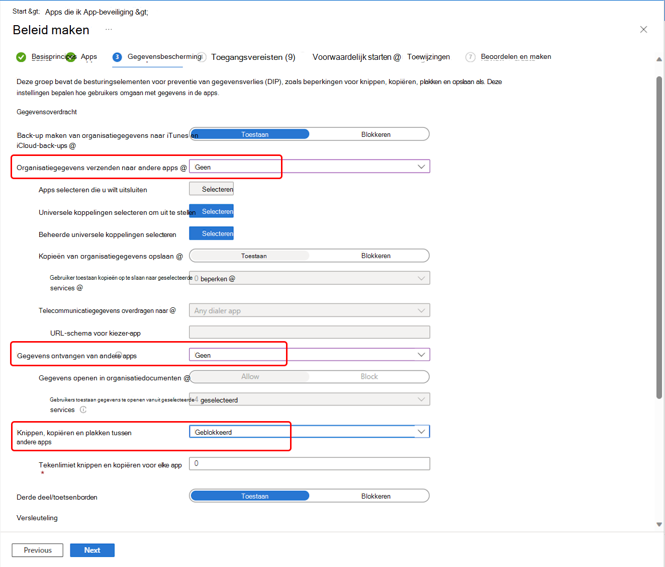 Selecteer de instellingen voor gegevensverplaatsing van outlook-app-beveiligingsbeleid.