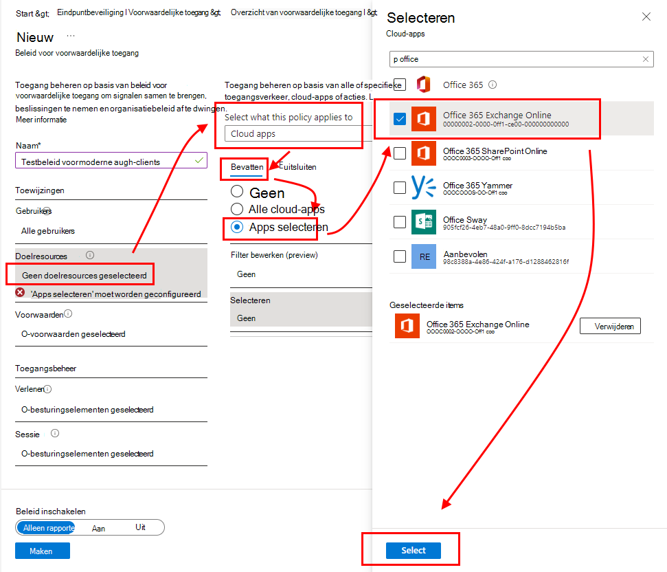 Selecteer de Office 365 Exchange Online-app.