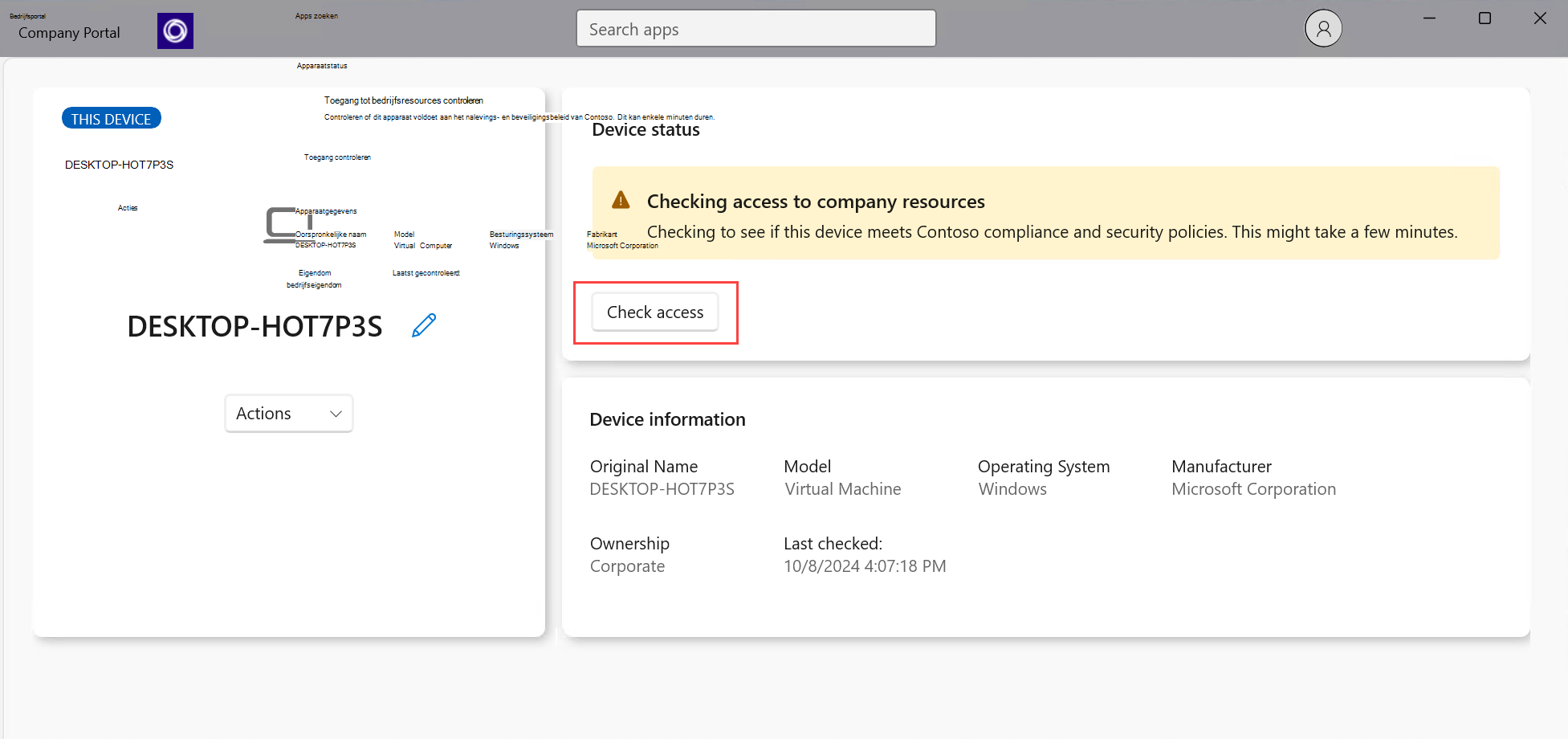 Afbeelding van de pagina Apparaten van de Bedrijfsportal-app met de knop Toegang controleren gemarkeerd