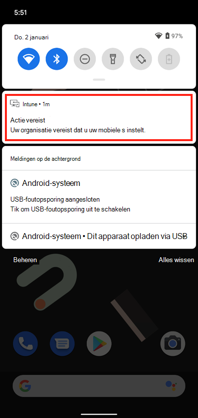 Schermopname van de pushmelding Intune app op het startscherm van het apparaat.