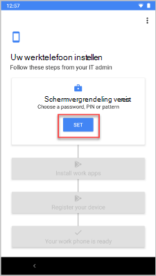 Voorbeeldafbeelding van Het scherm Uw zakelijke telefoon instellen, met de knop Instellen gemarkeerd.