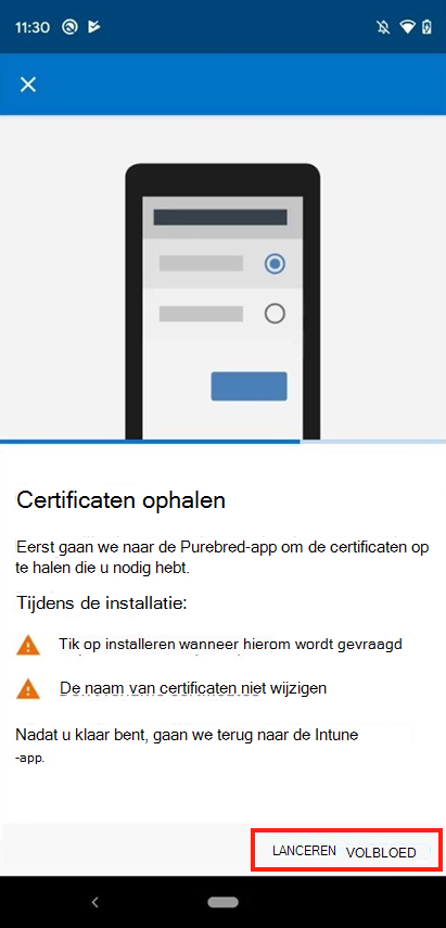 Schermopname van de Intune app-prompt om de DISA Purebred-app te openen.