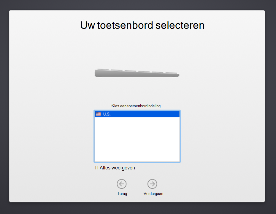 Schermopname van het scherm Toetsenbordindeling van macOS-configuratieassistent, met een lijst met toetsenbordtalen waaruit u kunt selecteren, een uitgeschakelde optie Alles weergeven en een knop Terug en Doorgaan.