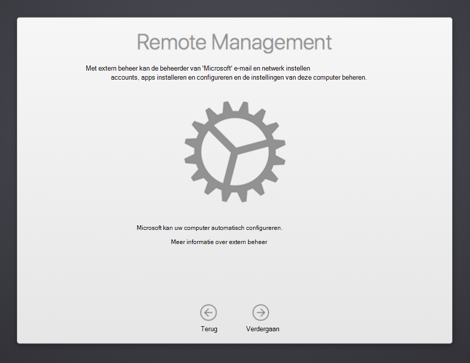 Schermopname van het scherm configuratieassistent extern beheer van macOS-apparaat, met tekst waarin extern beheer wordt uitgelegd en een koppeling naar documentatie voor meer informatie. Toont ook de knop Vorige en De knop Doorgaan.