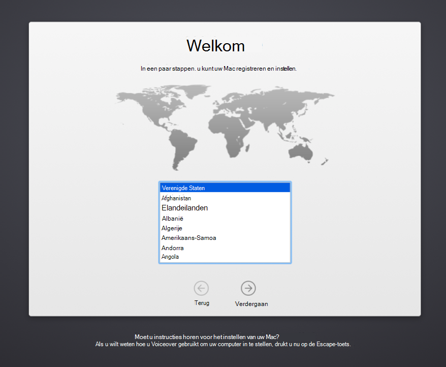 Schermopname van het welkomstscherm van de configuratieassistent voor macOS-apparaten, met een lijst met talen waaruit u kunt selecteren.