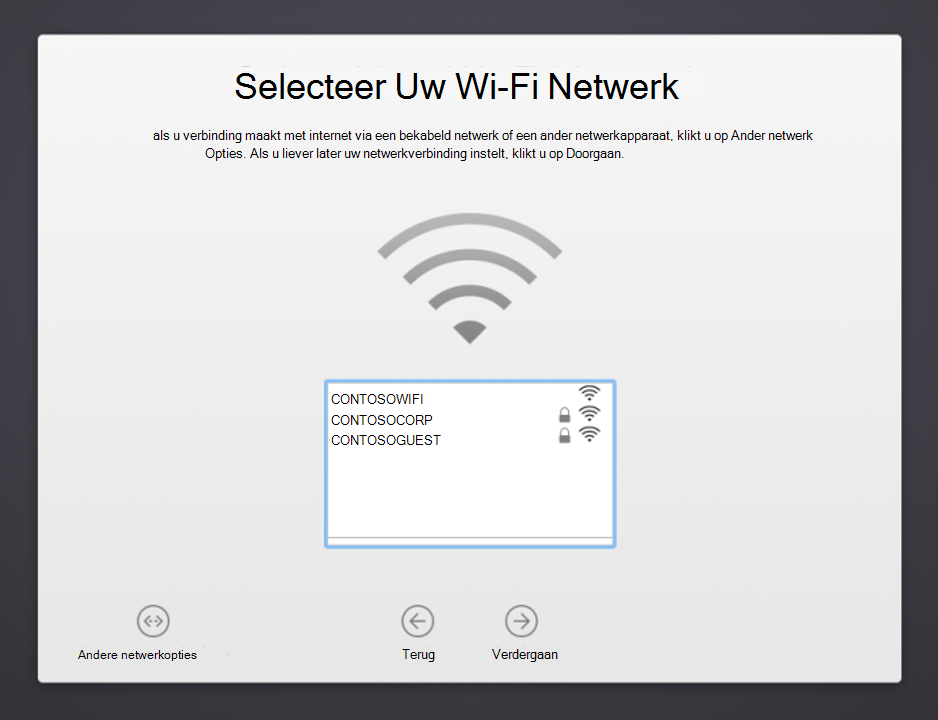 Schermopname van configuratieassistent voor macOS-apparaten Selecteer uw Wi-Fi netwerkscherm met een lijst met beschikbare netwerken waaruit u kunt kiezen. Toont ook de knop Overige netwerkopties, de knop Vorige en de knop Doorgaan.