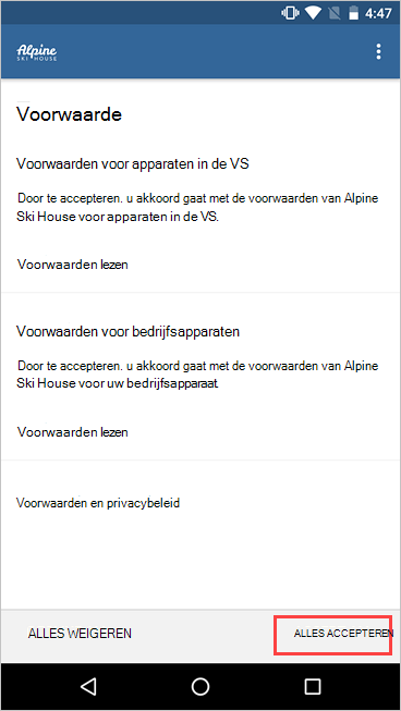 Schermopname van de Bedrijfsportal, het scherm Voorwaarden, met de knop Alles accepteren gemarkeerd.