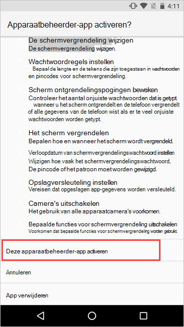 Schermopname van het scherm Apparaatbeheerder activeren, met de activeringsknop gemarkeerd.