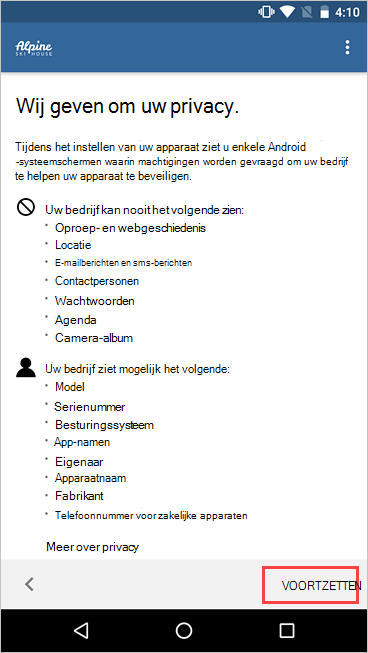 Schermopname van Bedrijfsportal, We geven om uw privacyscherm, met de knop Doorgaan gemarkeerd.