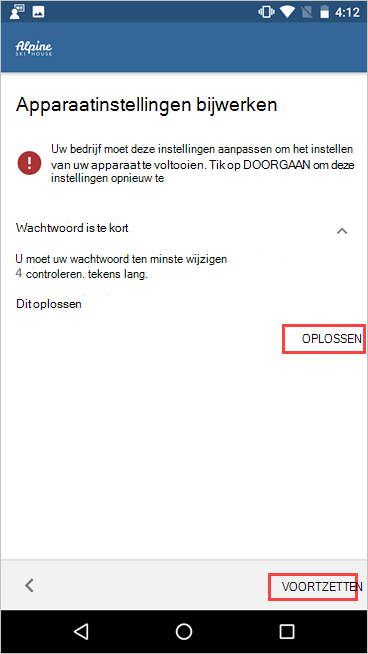 Schermopname van Bedrijfsportal, Apparaatinstellingen bijwerken, met de knoppen Oplossen en Doorgaan gemarkeerd.