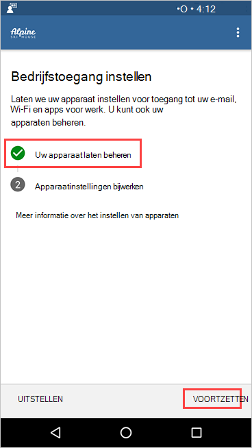 Schermopname van Bedrijfsportal, scherm Bedrijfstoegang instellen, met Het beheer van uw apparaat is voltooid.