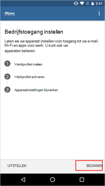 Schermopname van het scherm Bedrijfstoegang instellen met de knop Begin gemarkeerd.