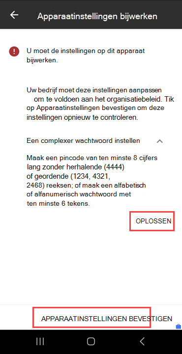 Schermopname van het scherm Apparaatinstellingen bijwerken van Bedrijfsportal met de knop OPLOSSEN en DE KNOP APPARAATINSTELLINGEN BEVESTIGEN gemarkeerd.