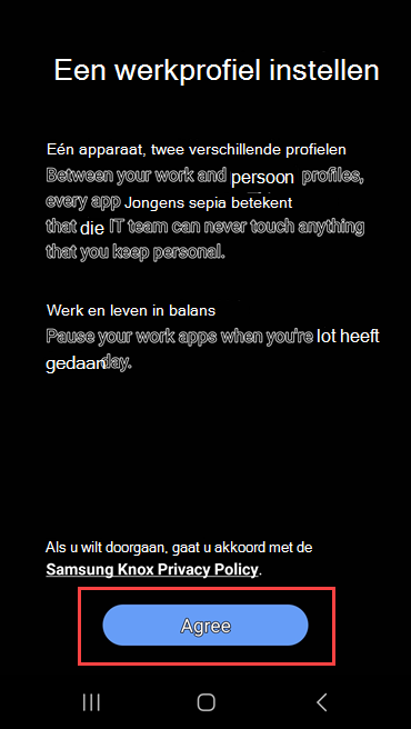 Schermopname van Bedrijfsportal met een koppeling naar het Samsung Knox-privacybeleid en de knop Akkoord gemarkeerd.