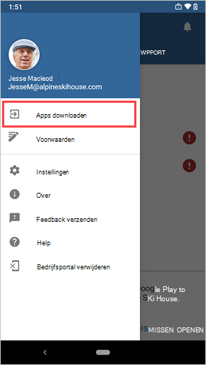 Schermopname van het menu Bedrijfsportal, met de koppeling Apps downloaden gemarkeerd.