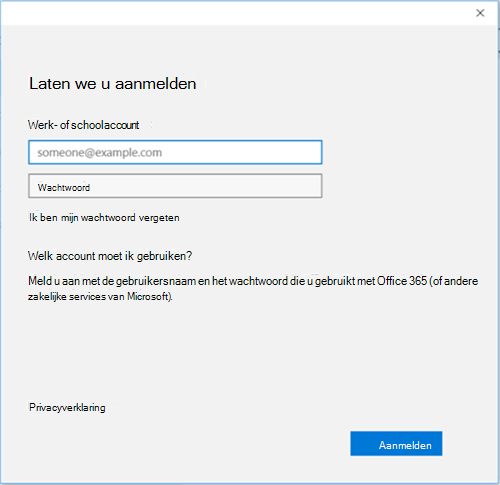 Schermopname van Office 365 aanmeldingsscherm voor werk- of schoolaccount.