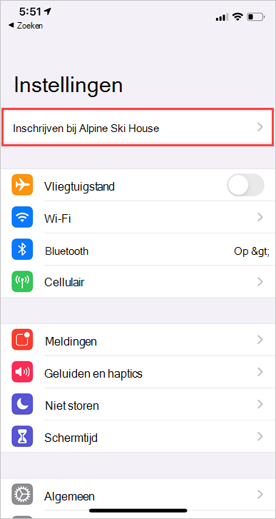 Voorbeeldschermopname van de app Instellingen, de optie Inschrijven bij organisatie.