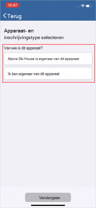 Voorbeeldschermopname van Bedrijfsportal, scherm Apparaat en inschrijvingstype selecteren, opties voor apparaattype.