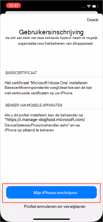 Voorbeeldschermopname van de app Instellingen, scherm Gebruikersinschrijving, met de knop Inschrijven gemarkeerd.