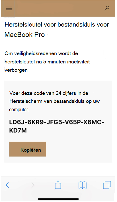 Schermopname van Bedrijfsportal website met de herstelsleutel.