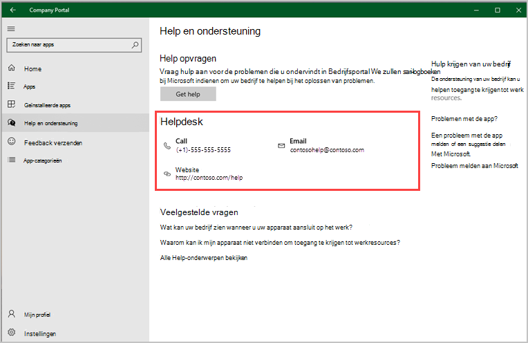 Schermopname van de Bedrijfsportal-app voor Windows, pagina Help & Ondersteuning, met de sectie Helpdesk gemarkeerd.