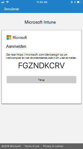 U krijgt instructies om vanaf uw werkcomputer naar de https://microsoft.com/devicelogin pagina te gaan met een unieke wachtwoordcode en vervolgens de code te gebruiken om u aan te melden.