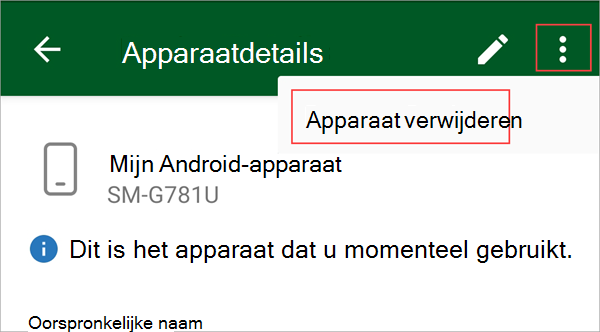 Schermopname van Bedrijfsportal app, met de menuknop en de optie Apparaat verwijderen gemarkeerd.