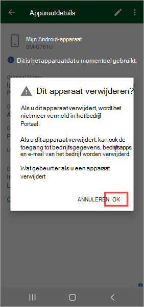 Schermopname van Bedrijfsportal app, bevestiging 'Dit apparaat verwijderen?' met de optie 'OK' gemarkeerd.