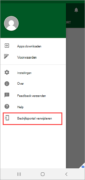 Schermopname van Bedrijfsportal app, met de optie 'Bedrijfsportal verwijderen' in het menu gemarkeerd.