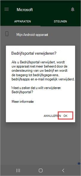 Schermopname van Bedrijfsportal app met de bevestiging 'Bedrijfsportal verwijderen?' met de optie OK gemarkeerd.