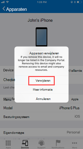 Schermopname van het scherm apparaten Bedrijfsportal app, met opties nadat de gebruiker op de knop Apparaat verwijderen heeft geklikt. Toont de rood gemarkeerde knop 'Verwijderen' en blauw gemarkeerde knop 'Meer informatie' en 'Annuleren'.