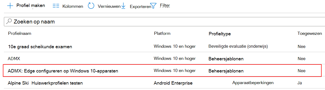 Schermopname van de ADMX-beleidsinstelling wordt weergegeven in de lijst met apparaatconfiguratieprofielen in Microsoft Intune en Intune beheercentrum.